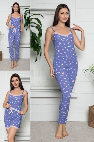 Myben Kadın Mor Renkli Dantel Detaylı Şortlu Ve Taytlı Pijama Takımı 3'lü Set 75029 Mor