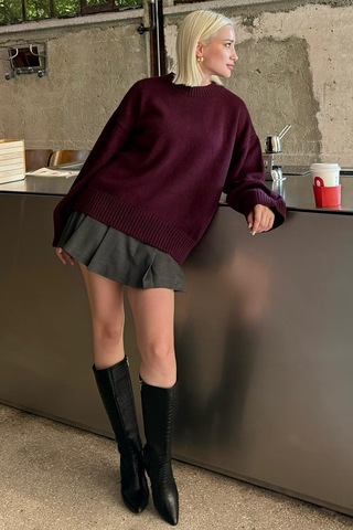 Mürdüm Bisiklet Yaka Oversize Triko Kazak Mg1972 Mürdüm