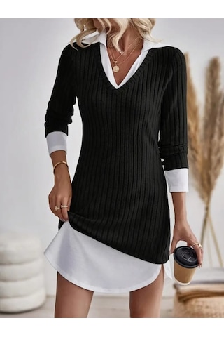 Kadın Uzun Kollu Yakalı Şardonlu Kaşkorse Dokuma Detaylı Elbise Siyah