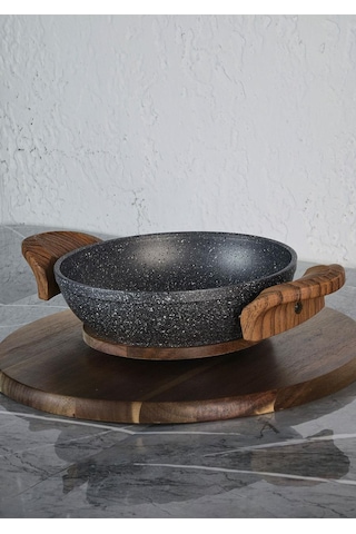Granit Kaplama Sahan - Alüminyum Döküm, Ahşap Kulplu Sahan -18 Cm Gri