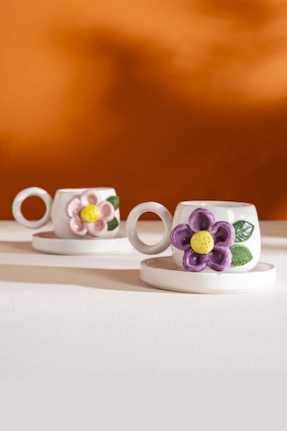 Rivaistanbul Göz Desenli Amore El Yapımı Seramik Double Kahve Fincanı Mug Kupa Krem