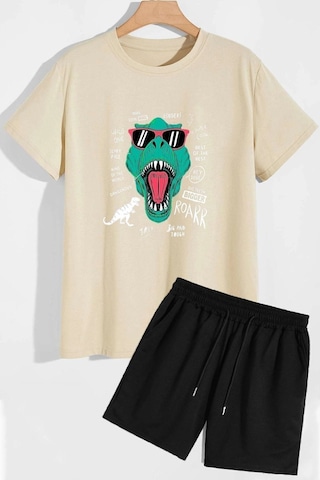 Uyguntarz Dinazor Baskılı Şort T-shirt Eşofman Takımı Bej