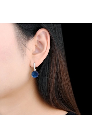 Brezza Lusso Jewelry Safir Taşlı Tektaş Pırlanta Sallantılı Kadın Gümüş Küpe 9 Mm