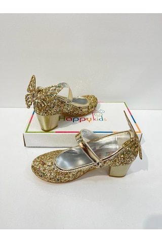 Butikhappykids Kız Çocuk Abiye Ayakkabı Gold Kelebekli Pırıltılı Parti -doğum Günü Topuklu Kız Çocuk Ayakkabı Gold Altın