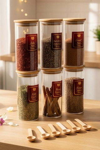 Snippy Nare - 6'lı Bambu Vakumlu Kapaklı Ahşap Kaşıklı Etiketli Cam Baharatlık Cam Saklama Kabı 290 Ml Şeffaf