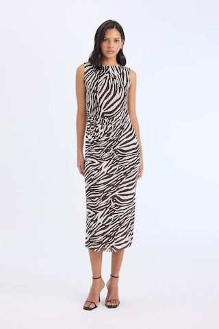 Defacto Bodycon Vücudu Saran Yarım Balıkçı Yaka Zebra Desenli Tül Kolsuz Midi Elbise E2903AX25SP Kahve
