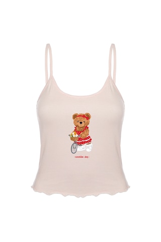 Koza İç Giyim Kadın İnce Askılı Desenli Pamuklu Şortlu Pijama Takımı Kk30231 Pudra