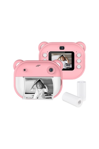 Kangvka Y600 Çocuklar İçin Anında Baskı Yapan 1080p Çift Kameralı Pembe Fotoğraf Makinesi