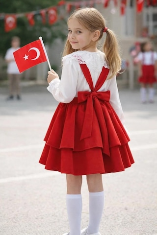 Miniko Kids 23 Nisan Kız Çocuk Uzun Kol Detaylı Bayramlık Salopet Etekli Takım Kırmızı