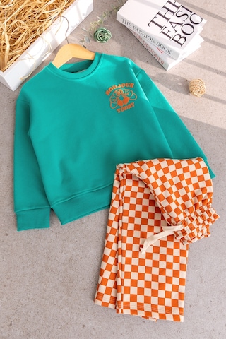 Babymod Erkek Çocuk Sweatshirt Turuncu Dama Desenli Pantolon İkili 3 İplik Altüst Takım Yeşil