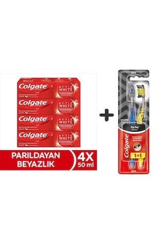 Colgate Optic White Parıldayan Beyazlık 50 Ml X4 Adet + Zig Zag Charcoal 1+1 Orta Sert Diş Fırçası Beyazlık
