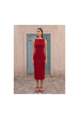 Dilvin 91099 Extra Slim Fit Midi Elbise-kırmızı-16464