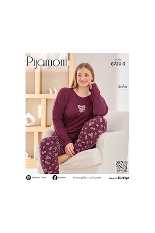 Pijamoni Kadın Sofya Büyük Beden Bisiklet Yaka Uzun Kol İnce Pijama Takımı 8720/3- 1 Adet Bordo