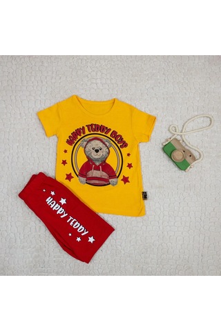 Momikon Erkek Çocuk Happy Teddy Boys Yazılı Pamuklu Takım Sarı