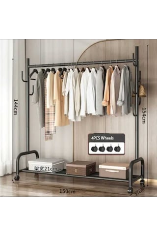 Metal Siyah Portmanto Konfeksiyon Askısı Ayaklı Askılık Elbise Askılığı Tekerlekli 154 150 Cm 6014