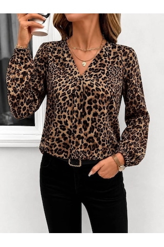 Biçomi Nefes Alan Yumuşak Dokulu, Karın Gizleyen Pile Detaylı Leopar Süprem Bluz