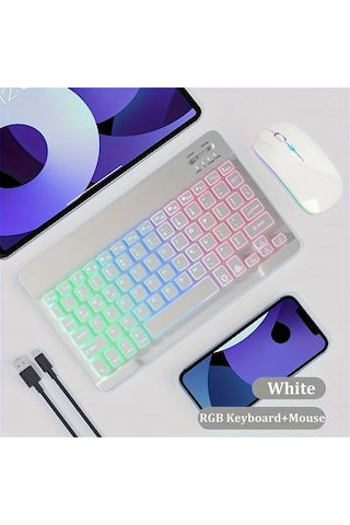 Honeybeeshop Beyaz Ultra İnce Arka Aydınlatmalı Kablosuz Klavye Fare Seti Şarj Edilebilir Type C Tablet Uyumlu Lazer
