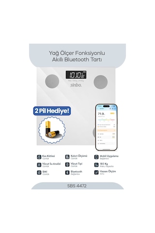 Sinbo SBS-4472 Bluetooth Dijital Yağ Su Kas Vücut Kitle Endeksi Kilo Ölçer Tartı Baskül