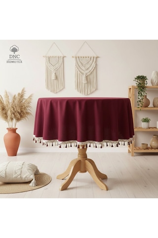 Premium Keten Bordo Yuvarlak Ponponlu Masa Örtüsü Bordo