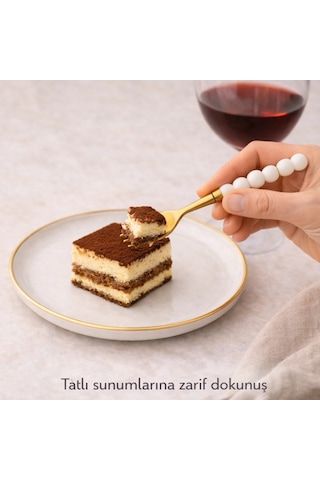 6 Adet Gold İnci Detaylı Tatlı Çatalı Beyaz - Altın
