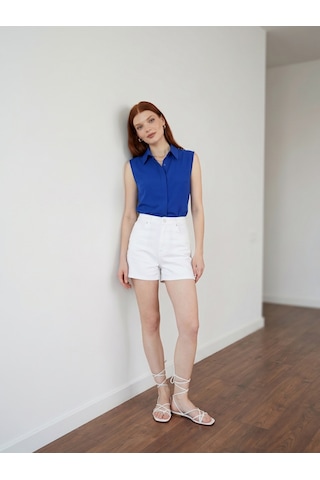 Pera Moda Sıfır Kol Mevsimlik Poplin Gömlek Saks Mavisi