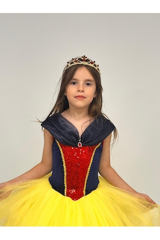 Butikhappykids Pamuk Prenses Kostümü Kasnaklı Düşük Omuz Detaylı Prenses Elbise 3-8 Yaş Taç Hediyeli Sarı