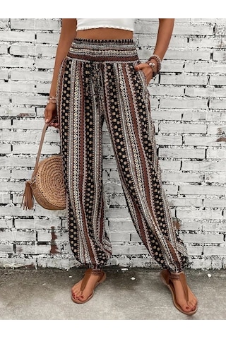 Simala Kadın Yüksek Bel Etnik Desenli Geniş Dökümlü Bürümcük Pantolon Çok Renkli