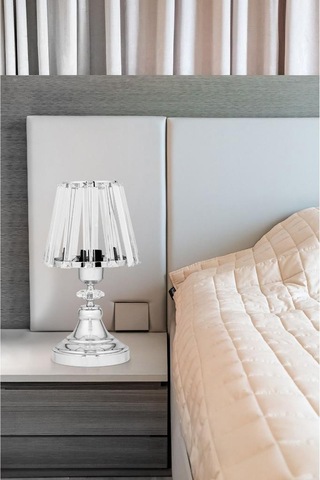 Gerçek Kristal Cam Başlık Krom Metal Gövdeli 2'li Yatak Odası Abajur İki Adet Gece Lambası Krom