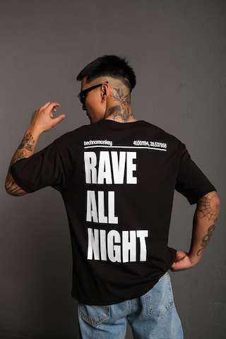 Technomonkey Unisex Siyah Oversize Rave All Night Baskılı Tişört