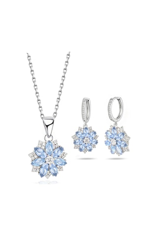 Aquamarin Taşlı Pırlanta Model Lotus Çiçeği Kadın Gümüş Set Gümüş