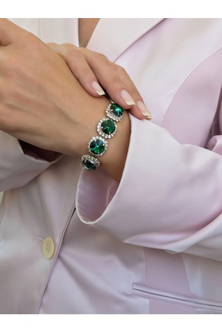 Riviere Kristal Taşlı Çiçek Model Yeşil Renkli Bileklik