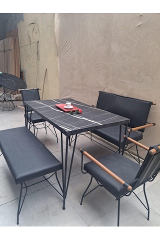 Masa Sandalye Tk 90605 Penyez Takım Model Metal Siyah Suni Deri Balkon-bahçe Siyah