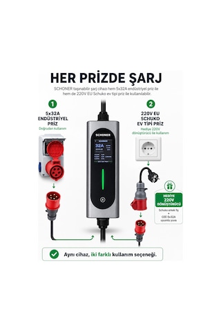 Schoner 22 Kw Trifaz - Monofaz Taşınabilir Elektrikli Araç Şarj Cihazı