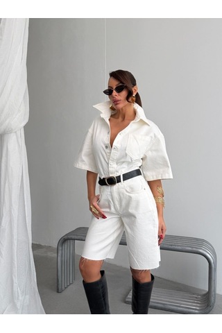Herton Kadın Düğmeli Cep Detaylı Denim Bermuda Şort Tulum