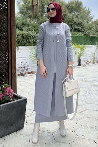 Rabia Şamlı Sinem Çelik Örme Triko Hırka Gri Çok Renkli