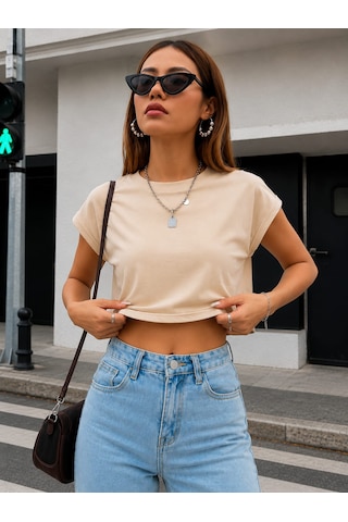 Bonnywıll Bonnywılll Bisiklet Yaka Düşük Kol Crop T-shırt Bej