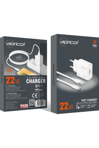 Apricot Apc-u422t 22w Type-c Kablolu Beyaz Hızlı Ev Şarj Adaptörü Set Şarj Cihazı