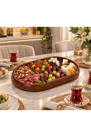 6 Bölmeli Kapaklı Şık Oval Akasya Çerezlik Ahşap