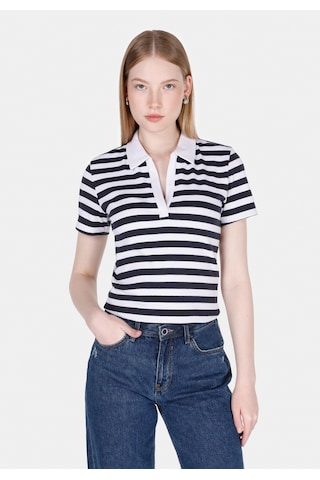 Colin's Colins Slim Fit Polo Yaka Çizgili Kadın Beyaz Kısa Kol Tişört Cl1073835 Q1.v2 Wht Beyaz