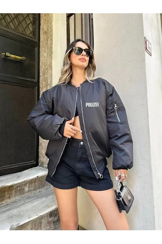 Meleners Unisex Uzun Kol Baskılı Bomber Ceket - Siyah