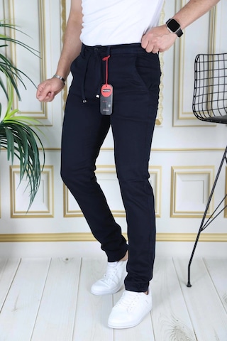 Phantom Jeans Erkek Lacivert Slim Fit Esnek Likralı Armürlü Keten Pantolon Bağcıklı Kemerli Beli Lastikli Şık Pant Lacivert