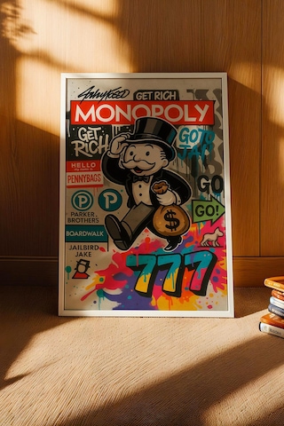 Monopoly Get Rich Çerçeveli Tablo Angel Number 777 Genç Girişimci Yatırımcı Ofisi Dekoru Street Art