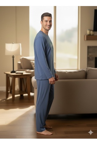 Erkek Mavi Uzun Kol Pijama Takım Açık Mavi