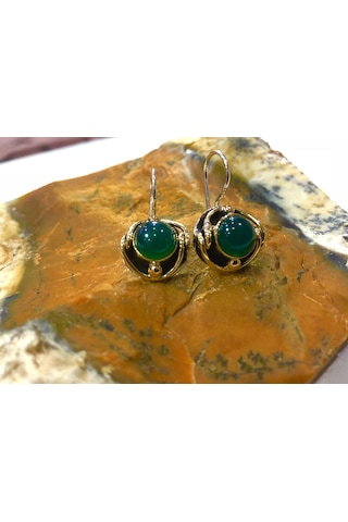 Gumusevi Yeşil Akik Taşlı Gümüş Küpe 925 Ayar El Işi N11.96536