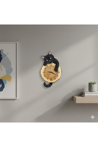 Cajuart Kütük Üzerinden Bakan Siyah Kedi Tasarımlı Duvar Saati Modern Dekoratif Saat Kahverengi