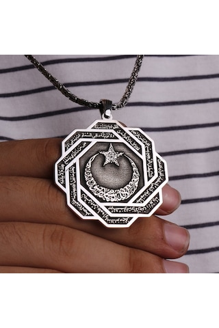Fkgümüş 925 Ayar Gümüş Ayetel Kürsi Yazılı Ay Yıldız İşlemeli Madalyon Kolye