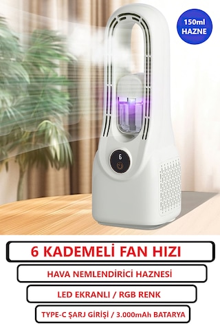 6 Kademeli Fan Hızı + Ultrasonik Nemlendirici + 3.000 Mah Batarya