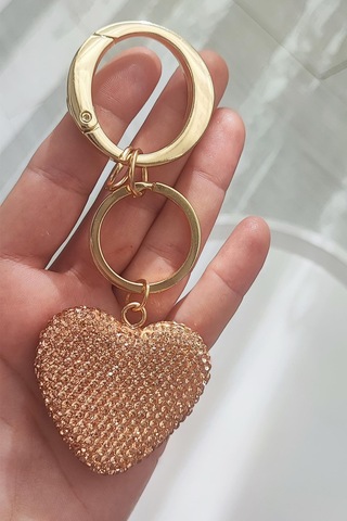 Zirkon Taşlı Pastel Nude-gold Renk Kalp Model Çanta Aksesuarı Ve Anahtarlık