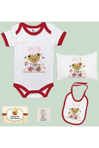Bk Kids Kişiye Özel İsimli 5 Parça Kırmızı Bebek Body Zıbın Yastık Hediye Seti, Yeni Doğan Bebek Giyim Hediyesi-2 Kırmızı