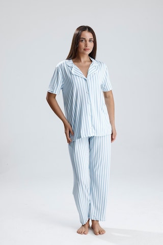Kompedan Kadın Çizgili Önden Düğmeli Pijama Takım Mavi Çzg Mavi